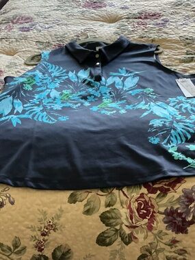 Chico's Navy Polo Top with Bright Turquoise Floral Print SIZE 3 NWT